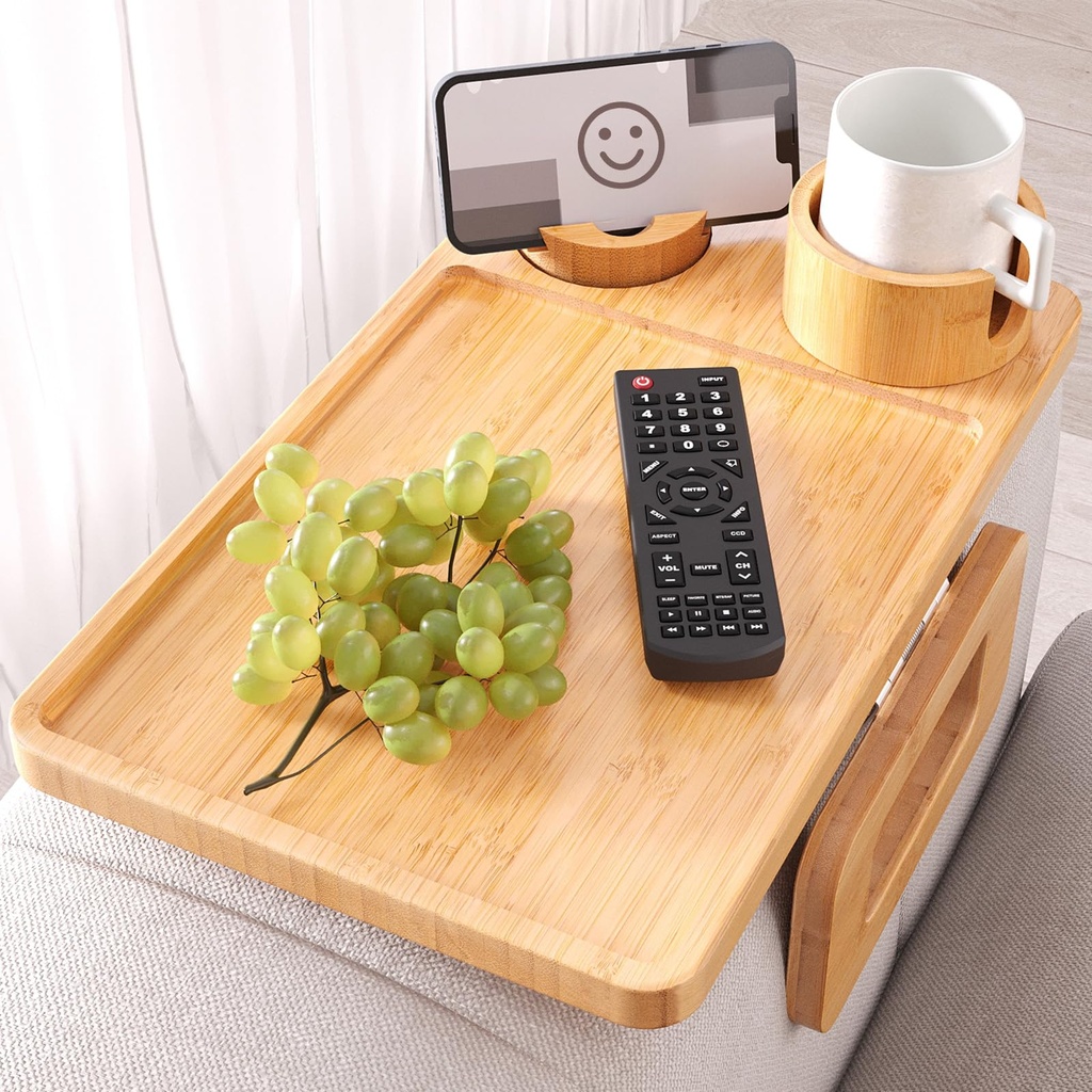 Fibogollo 3 in 1 Sofa Tray,Bamboo Folding Couch Arm Tray with Cup holder and Phone Holder,S
