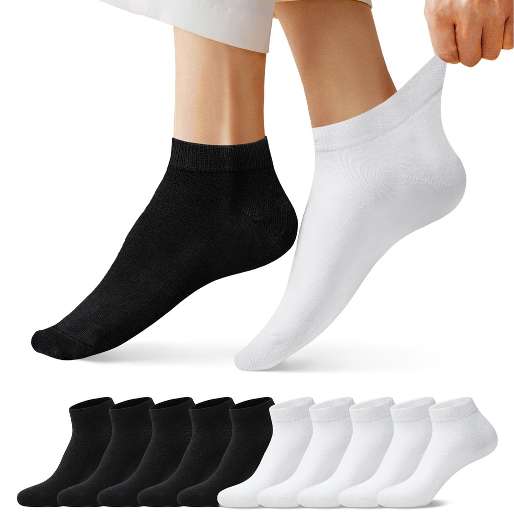 FALARY Trainer Ankle Socks for Men Women 10 Pairs Sport Low short Black White 3-5
