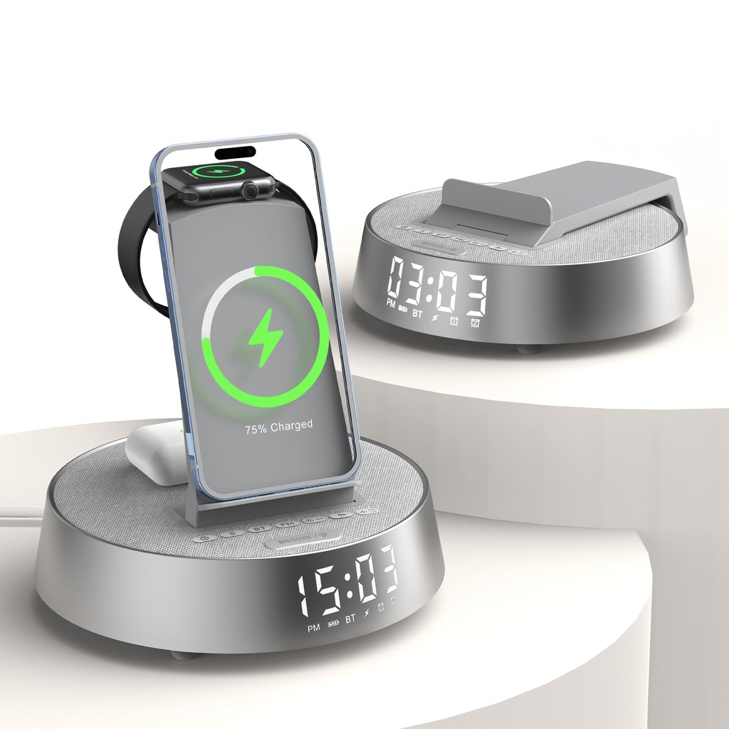 FREEFISH Wireless Charger iphone, Radio Alarm Clock with Wireless Charging Station, Bluetooth
