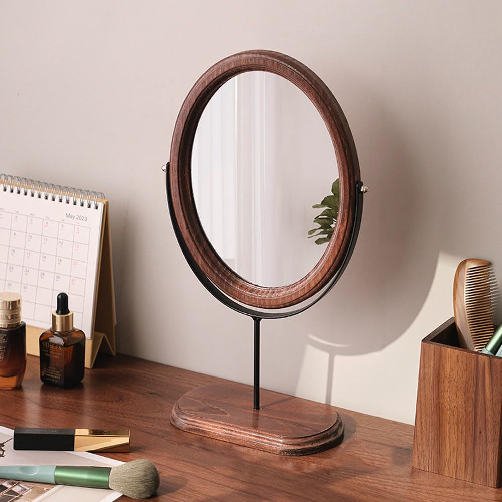 Hosoncovy Wooden Desktop Mirror with Stand Vanity Mirror Makeup Mirror Oval Base Tabletop Mirror