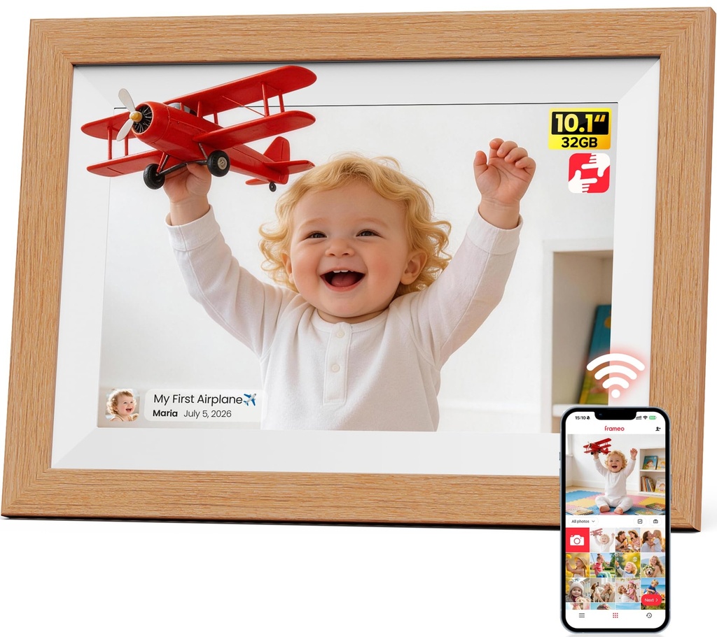 Frameo WiFi Digital Photo Frame 10.1 Inch Natural Wood - 1280x800 HD IPS Touch Screen Pictur