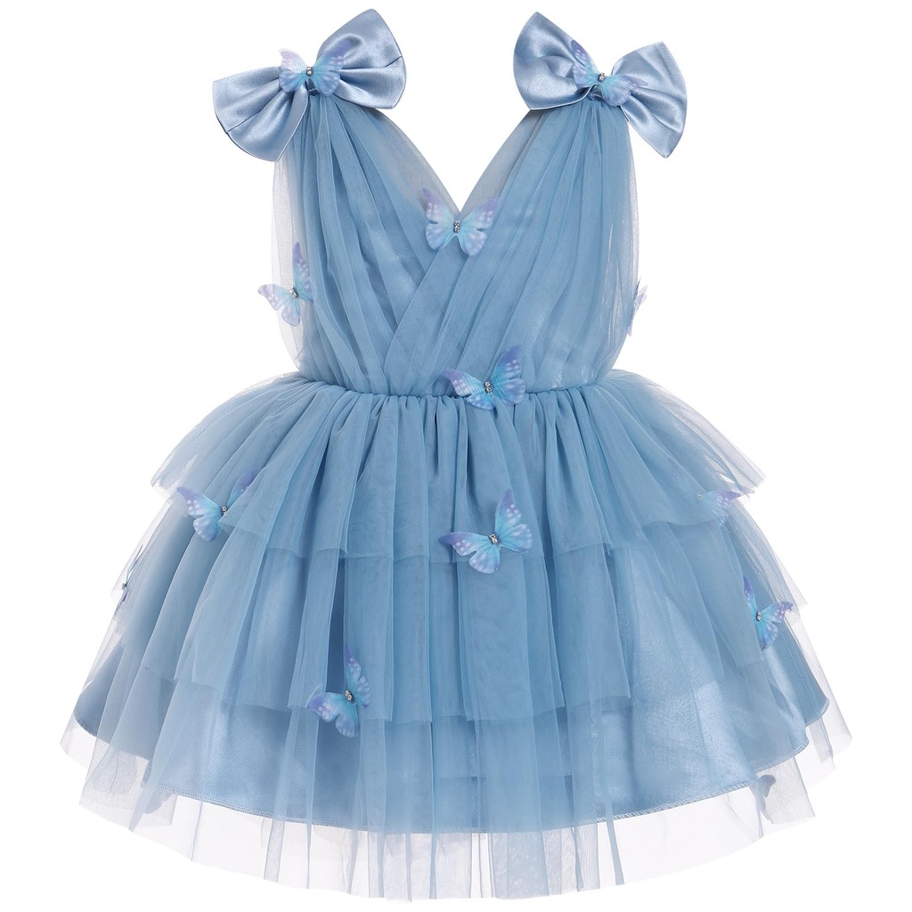 Toddler Baby Girls Bow Knot On Shoulder V Neck 3D Butterfly Tulle Tutu Dress Sleeveless Mes