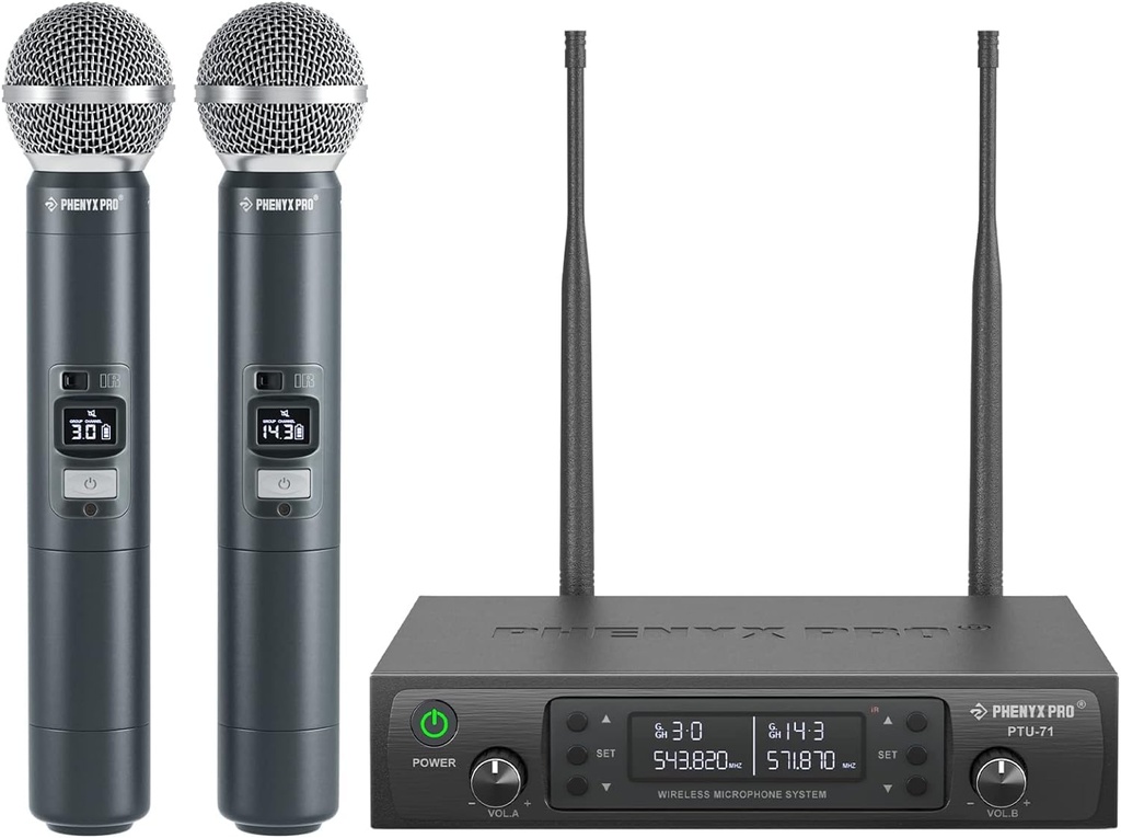 Phenyx Pro Wireless Microphone System, Dual Wireless Mics w/ 2 Handhelds, Auto Scan, 2x100