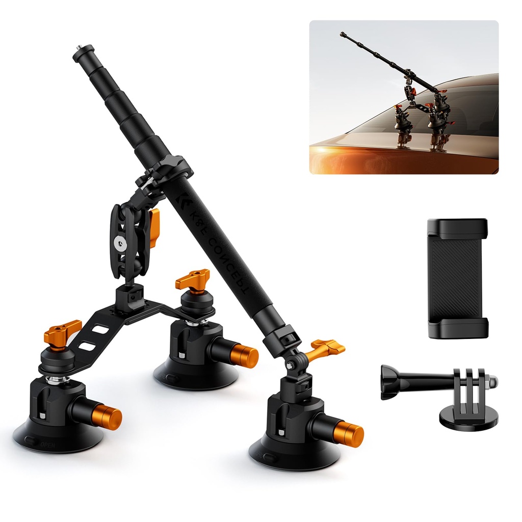 K&F CONCEPT Triple Suction Cup Car Mount with Magic Arm and Extension Pole, Action Camera Mount