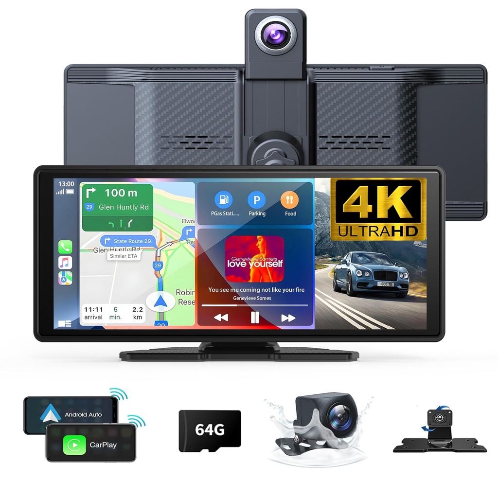 10.26" Wireless Carplay Screen 360 Rotation 4K Dash Cam Carplay & Android Auto Car Stereo Ca