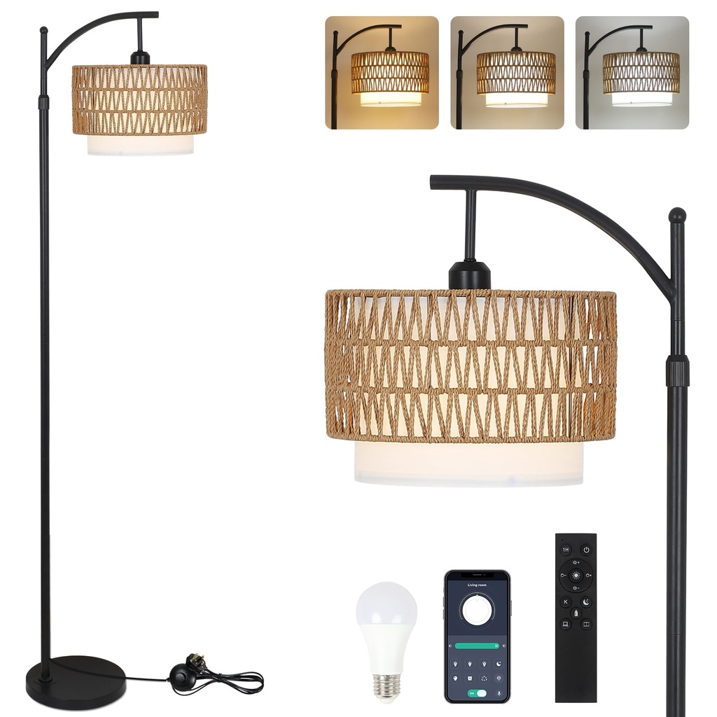 Rayofly Arc Floor Lamp for Living Room, Dimmable Floor Lamps with Remote Control, Boho Standing Lamp