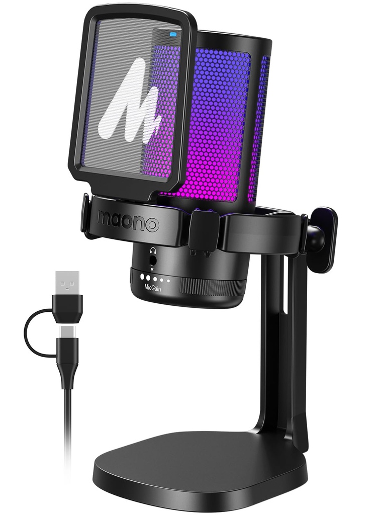 MAONO USB Microphone for PC, RGB Gaming Mic with Mute Button, Noise Cancellation Condenser 