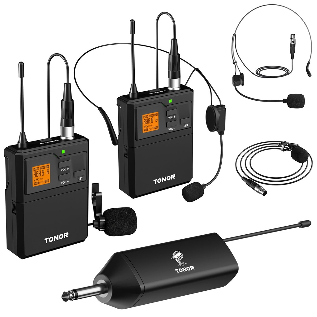 TONOR Dual Wireless Headset Microphones& Lavalier Mics with Bodypack Transmitter, 1/4" Jack