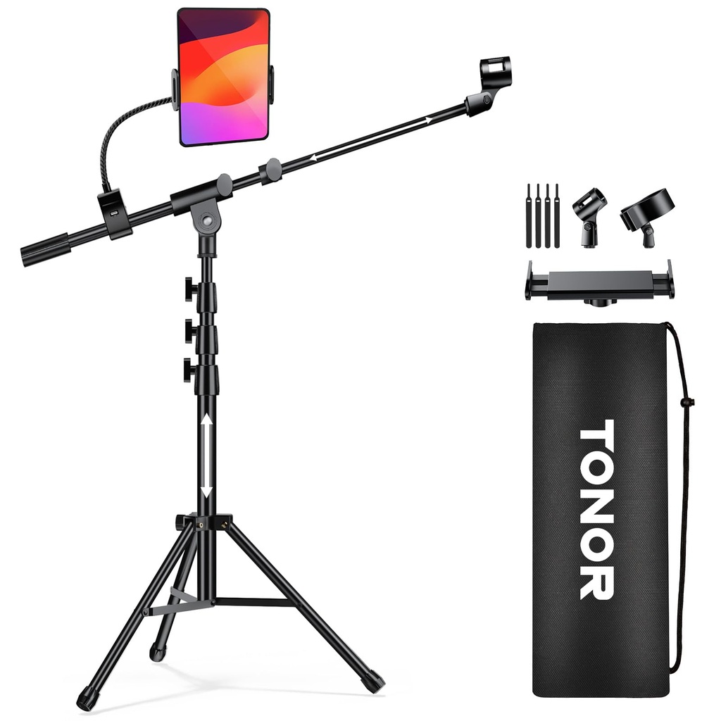 TONOR Microphone Stand with Tablet Holder, Tripod Boom Arm for Floor, Adjustable Height and