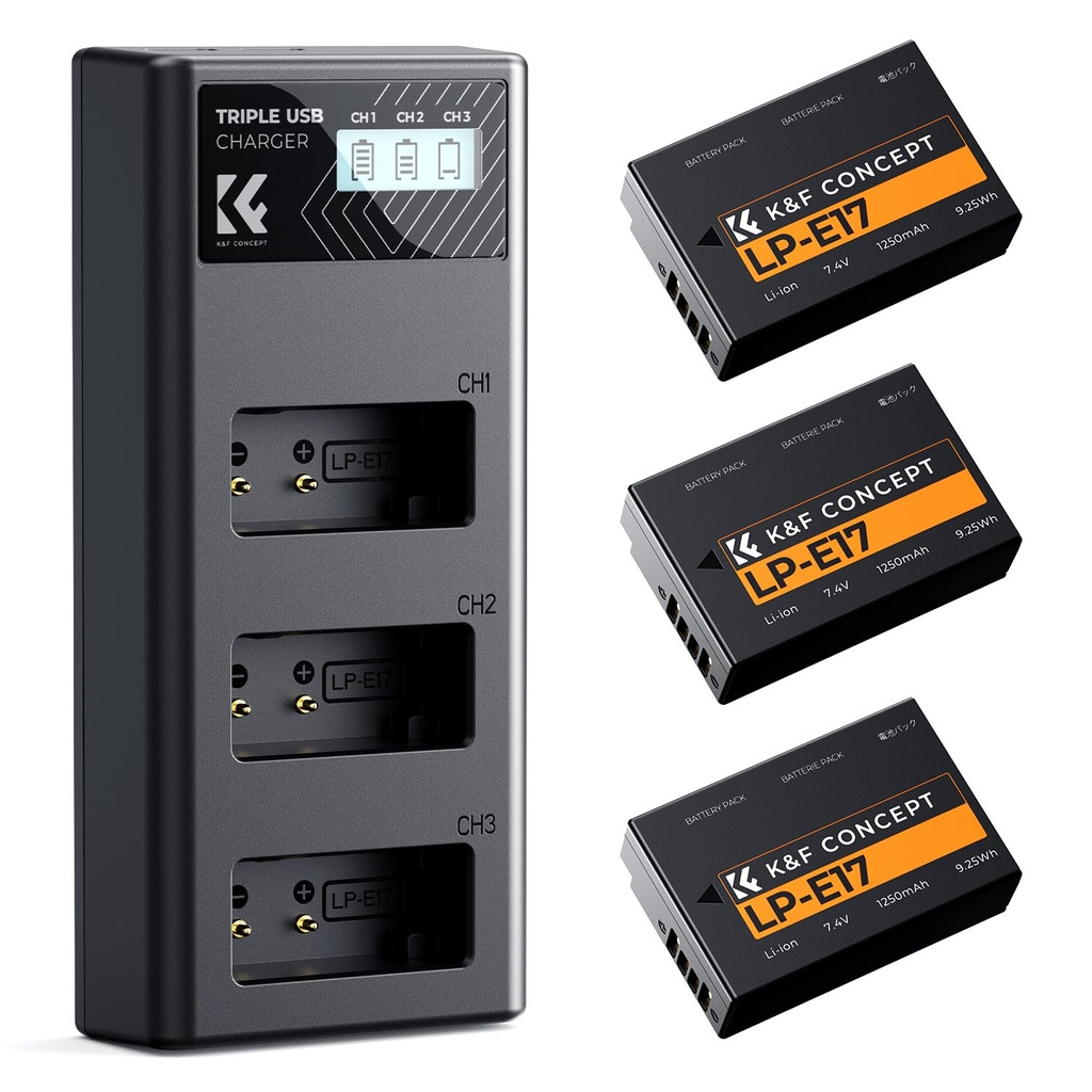 K&F CONCEPT 3-pack LP-E17 Battery and 3-slot LCD Charger, Compatible with Canon EOS RP, R10,