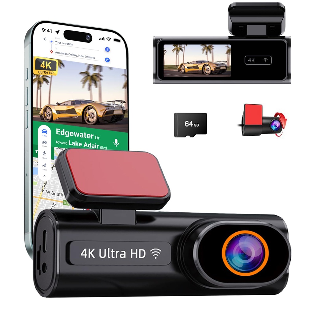 4K Dual Dash cam, Front and Rear Dash Camera for Cars with Free 64GB Card, 170??Wide Angle,