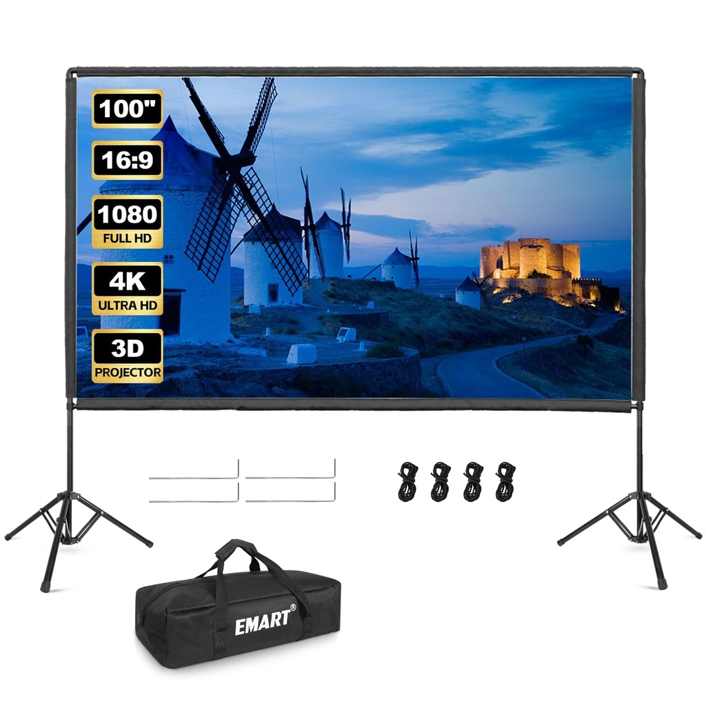 EMART Projector Screen with Stand, 100 Inch Portable Indoor Outdoor 16:9 4K HD Rear Front M