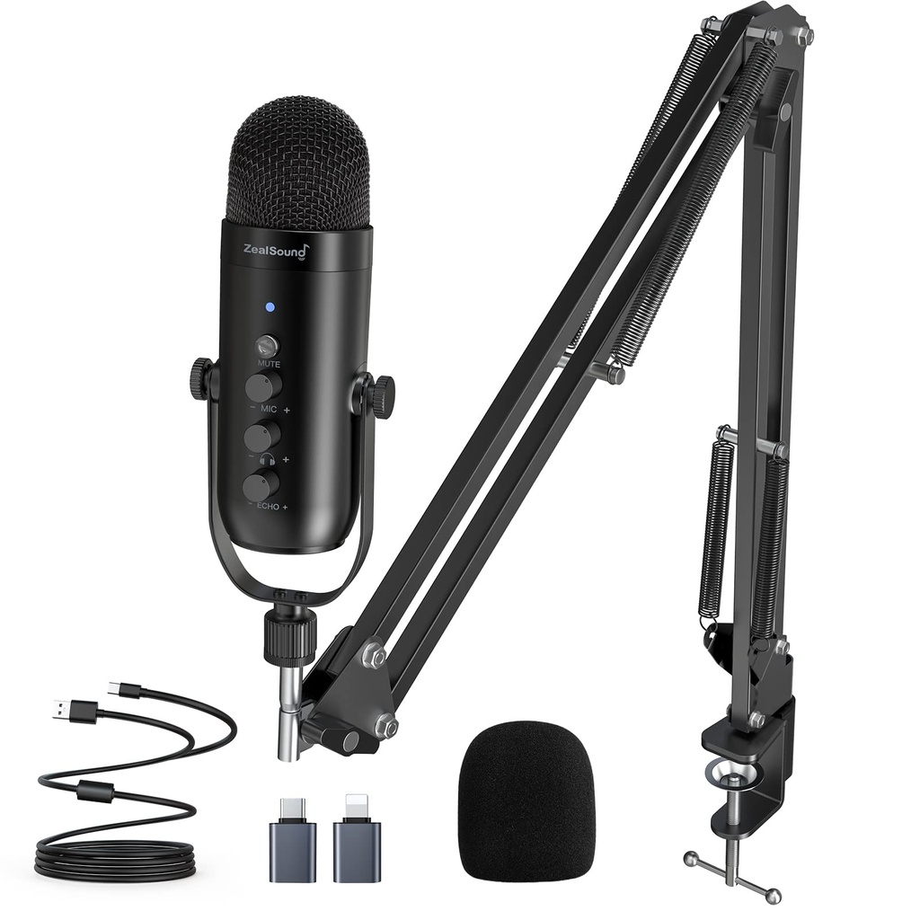 zealsound USB Microphone with Boom Arm, Plug & Play Condenser Podcast Microphone for PC & Ph