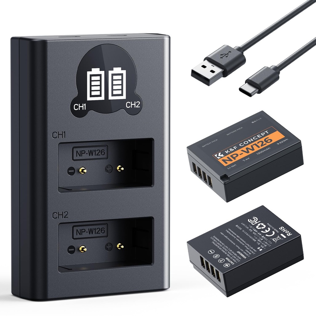 K&F CONCEPT 2-Pack NP-W126 NP-W126S Battery and Charger Set, Compatible with Fujifilm X100VI