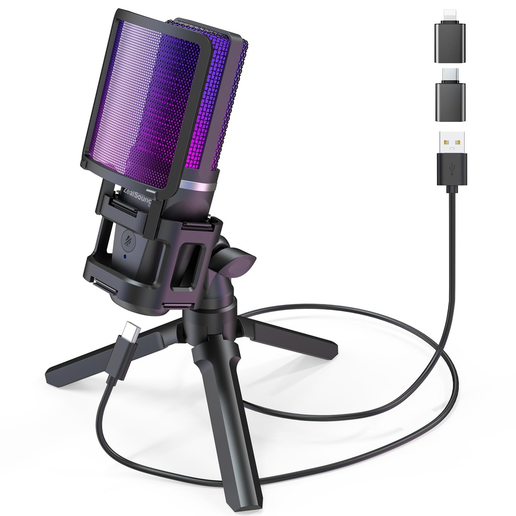 zealsound USB Gaming Microphone, RGB PC Mic for Podcasts Streaming on iPhone Mac PS5