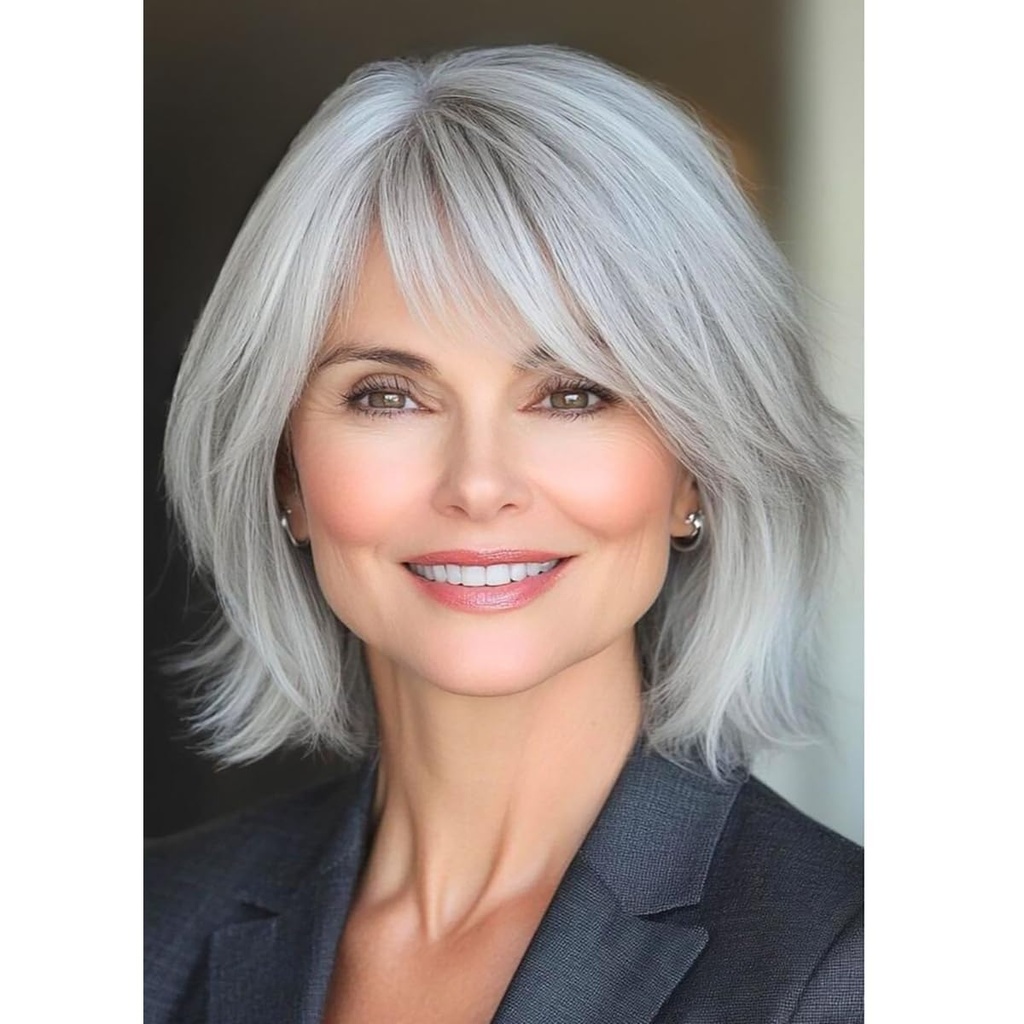 Layered Grey Wigs for Women Shoulder Length Straight Wig with Bangs Natural Synthetic Cospl