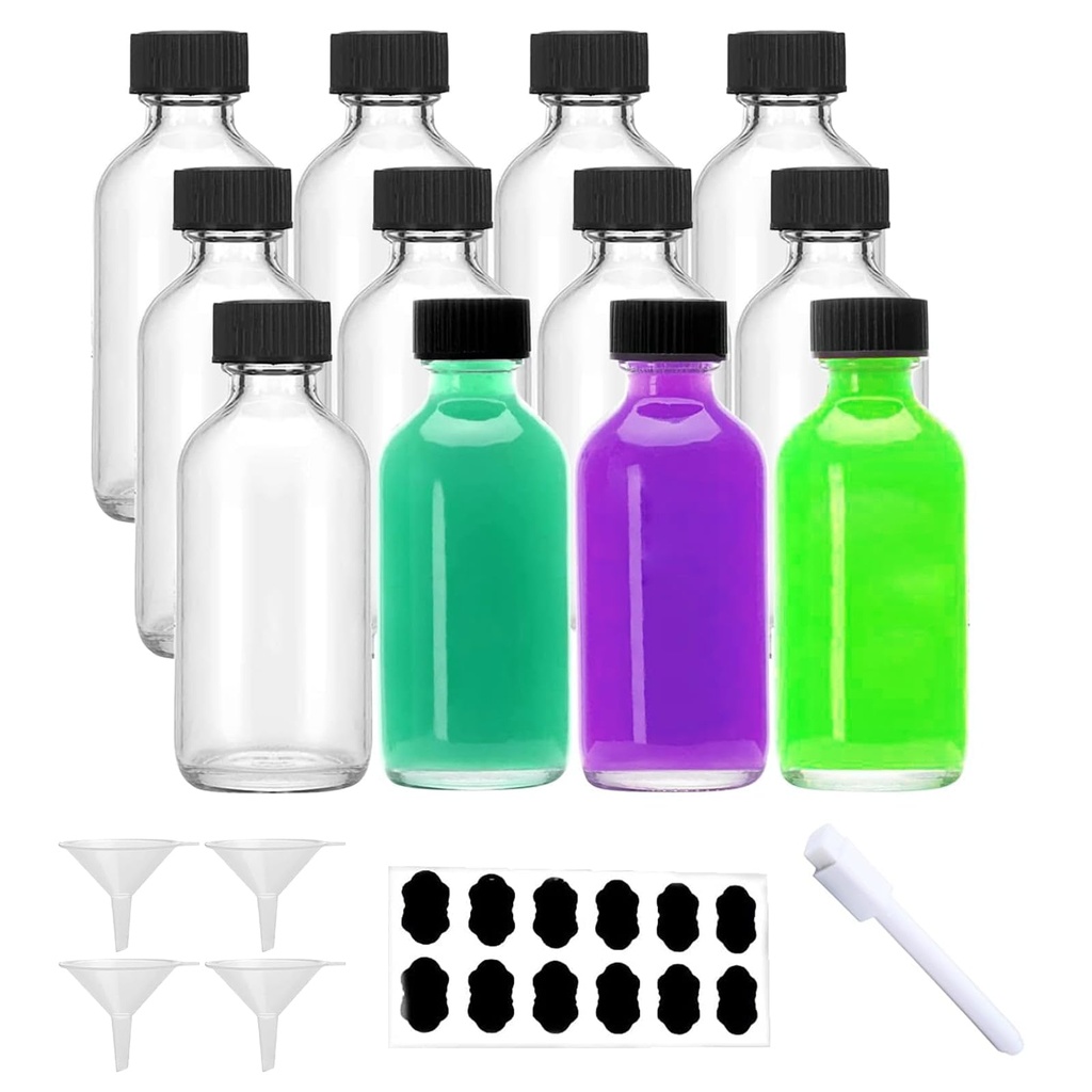 Eidoct 12Pack Glass Shot Bottles with Lids 60ml Glass Ginger Shot Bottles with 12 Lids 4 Fu