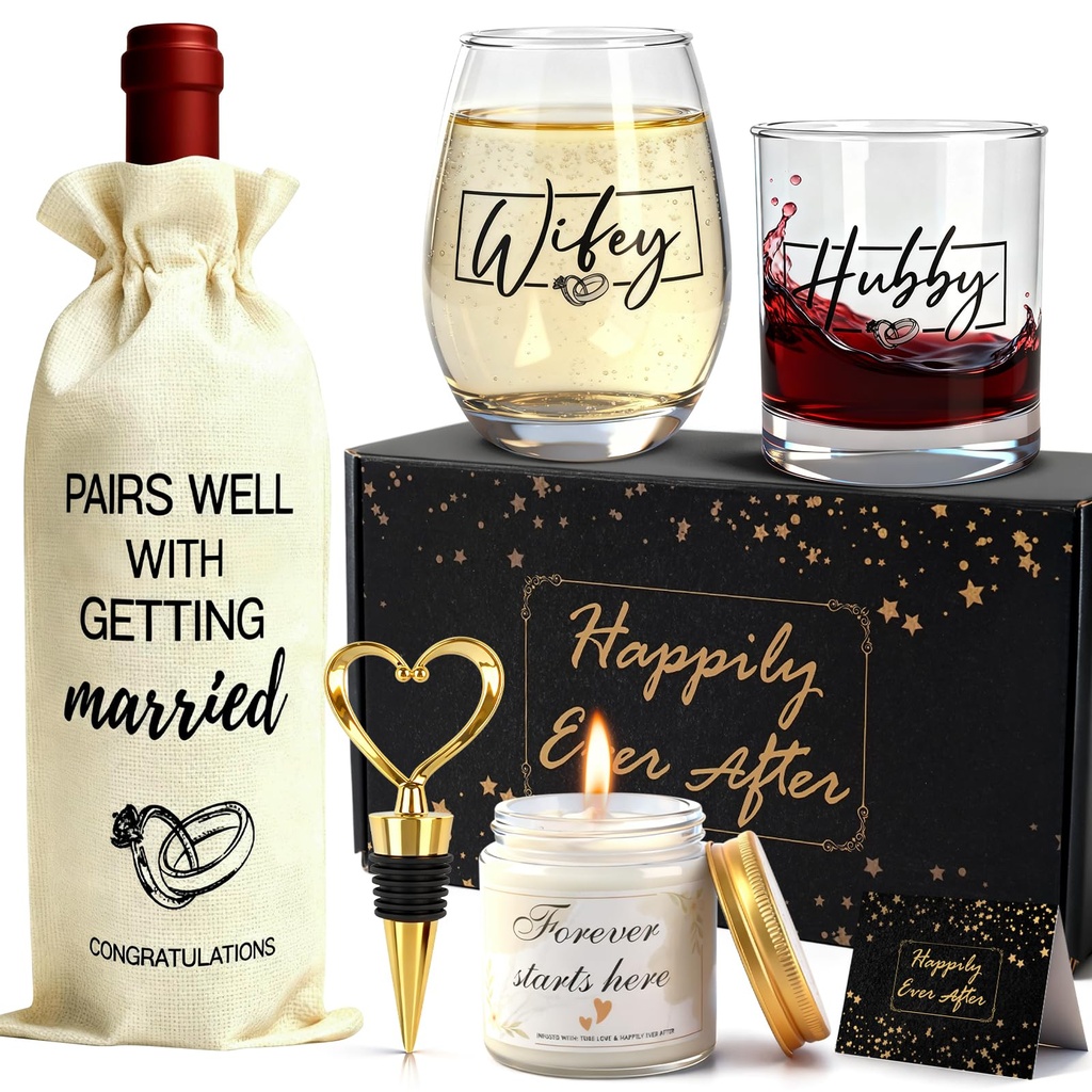 Mason Life Couples Gifts Hubby and Wifey, Wedding Gift for Couple, Stemless Wine Glass Set