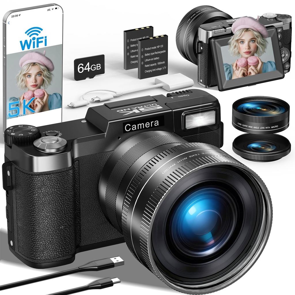 Digital Camera 5K 64MP Cameras for Photography with WiFi, 64GB Card, Autofocus, Adjustable F
