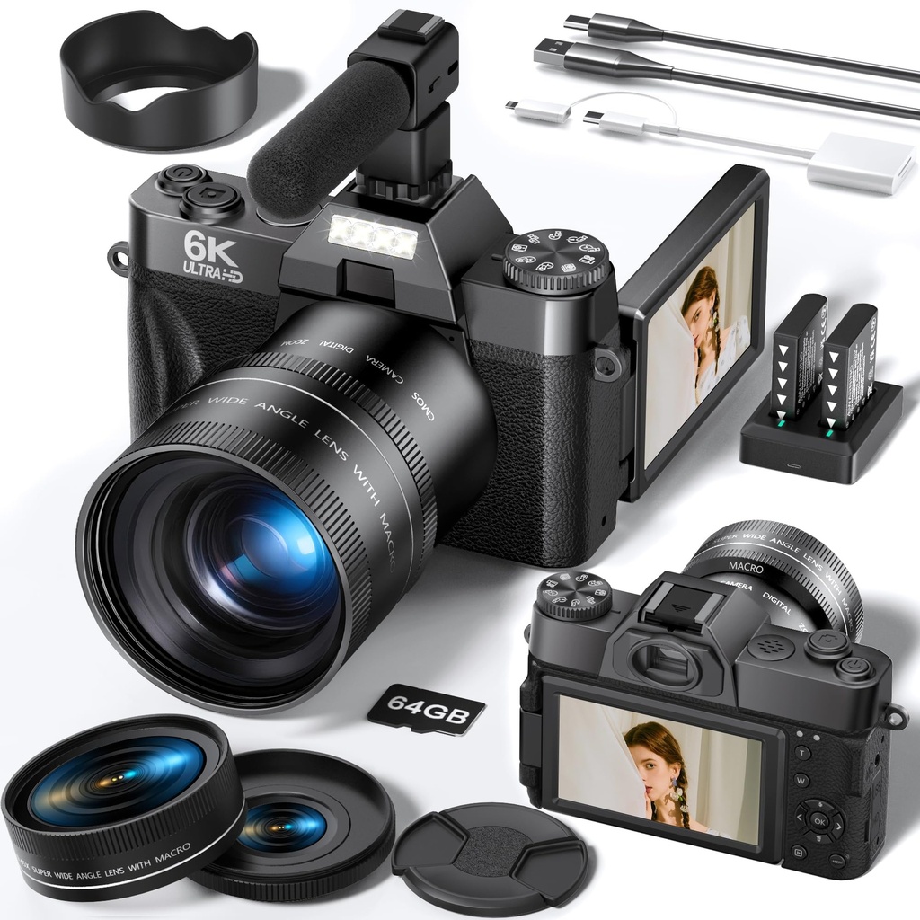 6K 64MP Digital Cameras for Photography and Vlogging with WIFI, 64GB TF Card, 16X Digital Zo