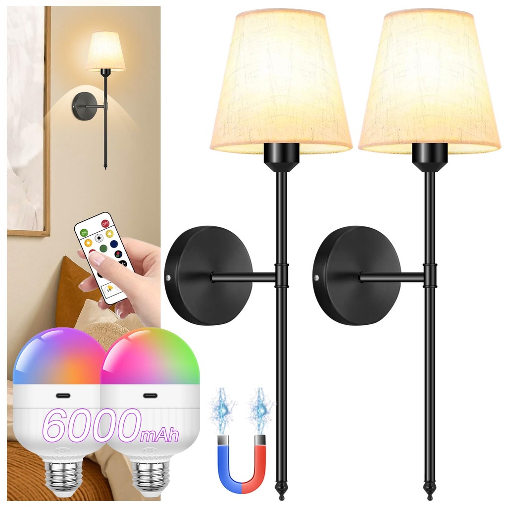 ZHENMING Battery Operated Wall Lights Set of Two,6000mAh Wireless Wall Lights with Remote,D