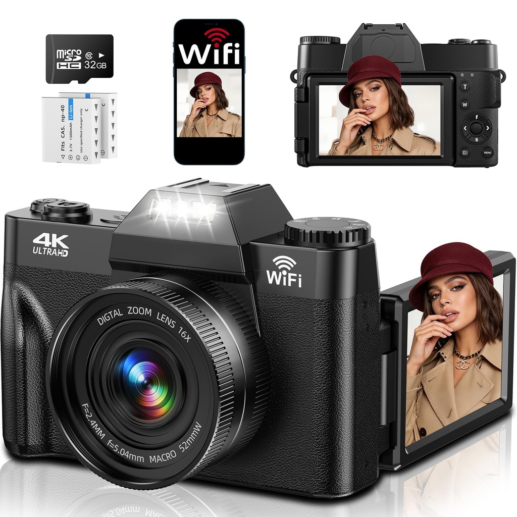 4K 75MP Digital Camera with WiFi, 3" 180?? Flip Screen, 16X Digital Zoom Autofocus Vlogging