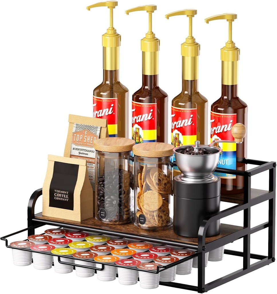 Coffee Station Organizer for Countertop 3-Tier 8 Bottles Coffee Syrup Rack Stand with 35 K