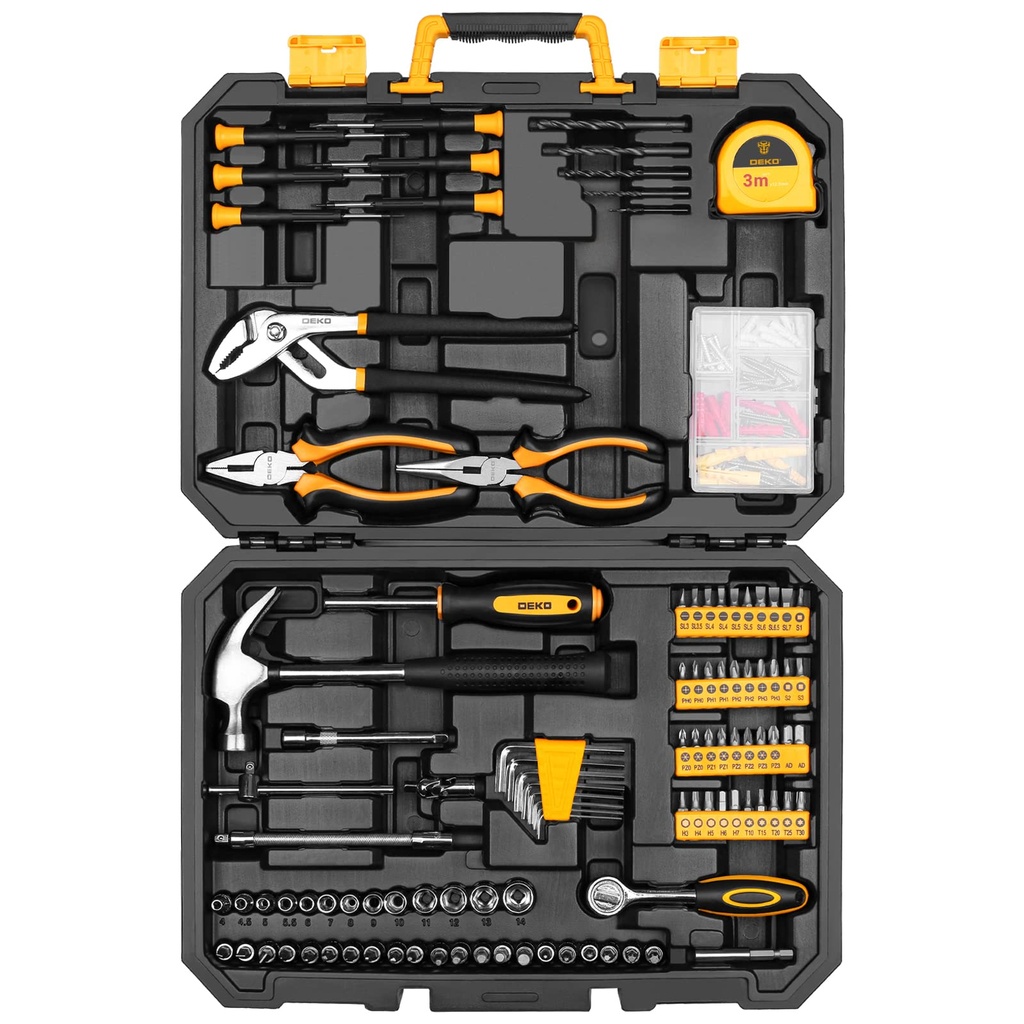 DEKO 196 Piece Tool Set General Household Hand Tool Kit with Rip Claw Hammer,Lineman's Plie