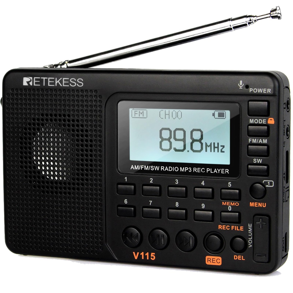 Retekess V115 Portable Radio, Pocket Radio, AM FM SW, Recorder, MP3 Support TF Card, Headph
