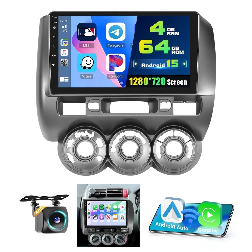 4+64G Android 15 Car Stereo for Honda Jazz Fit 2002 2003 2004 2005 2006 2007 2008,9 inch IP