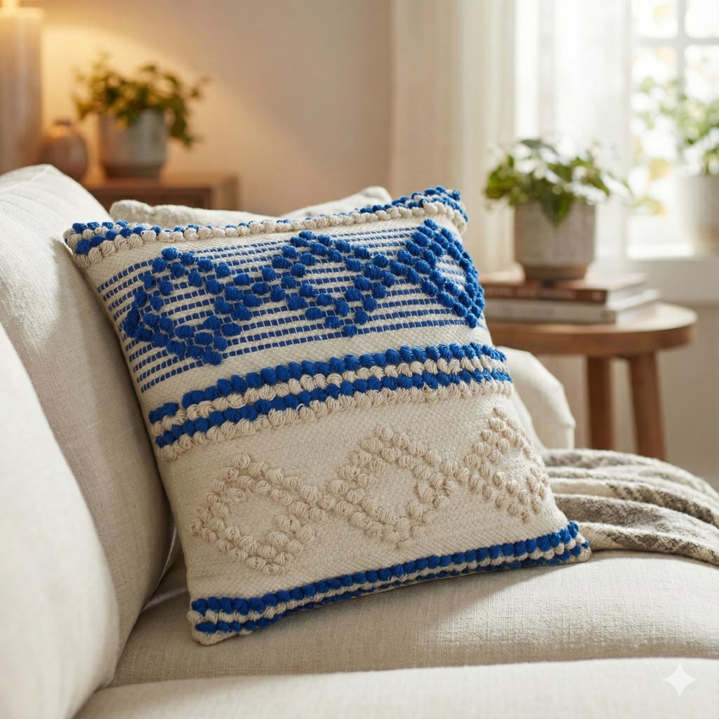 TreeWool Blue Boho Diamond Accent Cushion Cover 45x45cm [1 Piece] Ã¢Â€Â“ Handmade Woven Tex