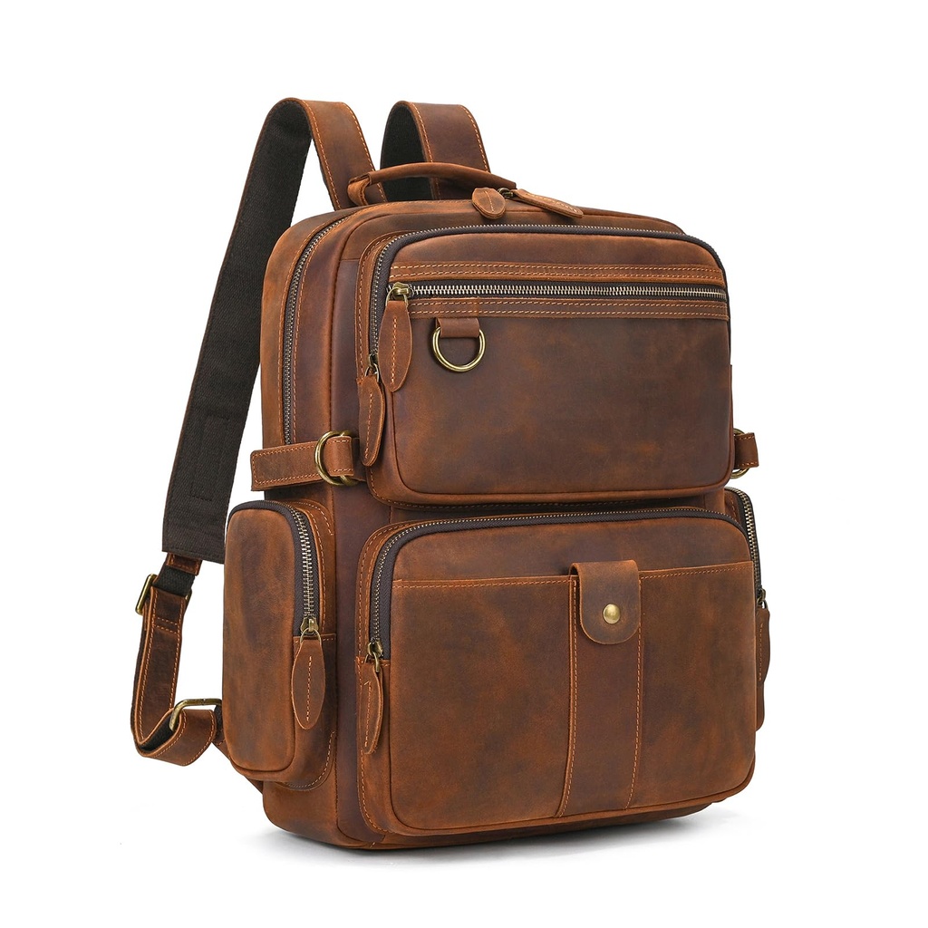LUUFAN Genuine Leather Backpack for Men, Casual Shoulder Bag 15.6 Inch Laptop Rucksack Busi
