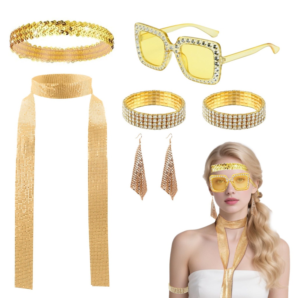 SAIIURV 7 Pcs 1970s Disco Accessories Set, Costume Set with Sequins Headband Bling Sunglasse