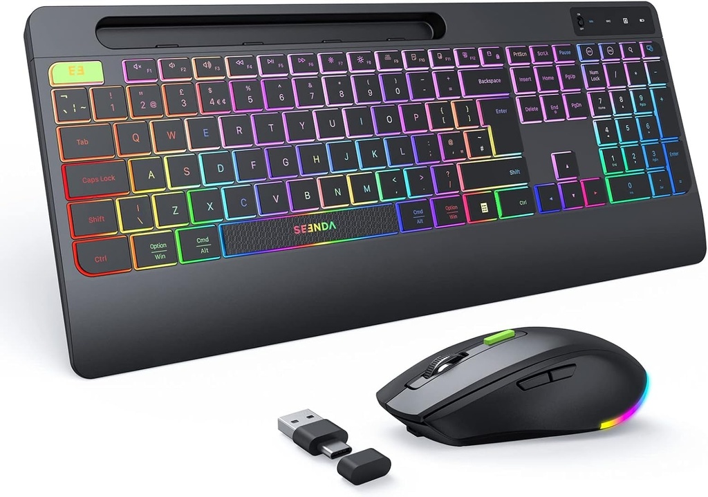 seenda 2.4G Wireless Keyboard and Mouse Combo with Rainbow Backlit, Rechargeable Keyboard a