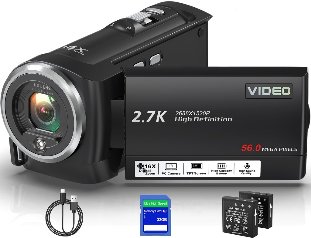 Delmodes 2.7K 56MP Camcorder Video Camera 16X Digital Zoom Vlogging Camera with LED Fill Li