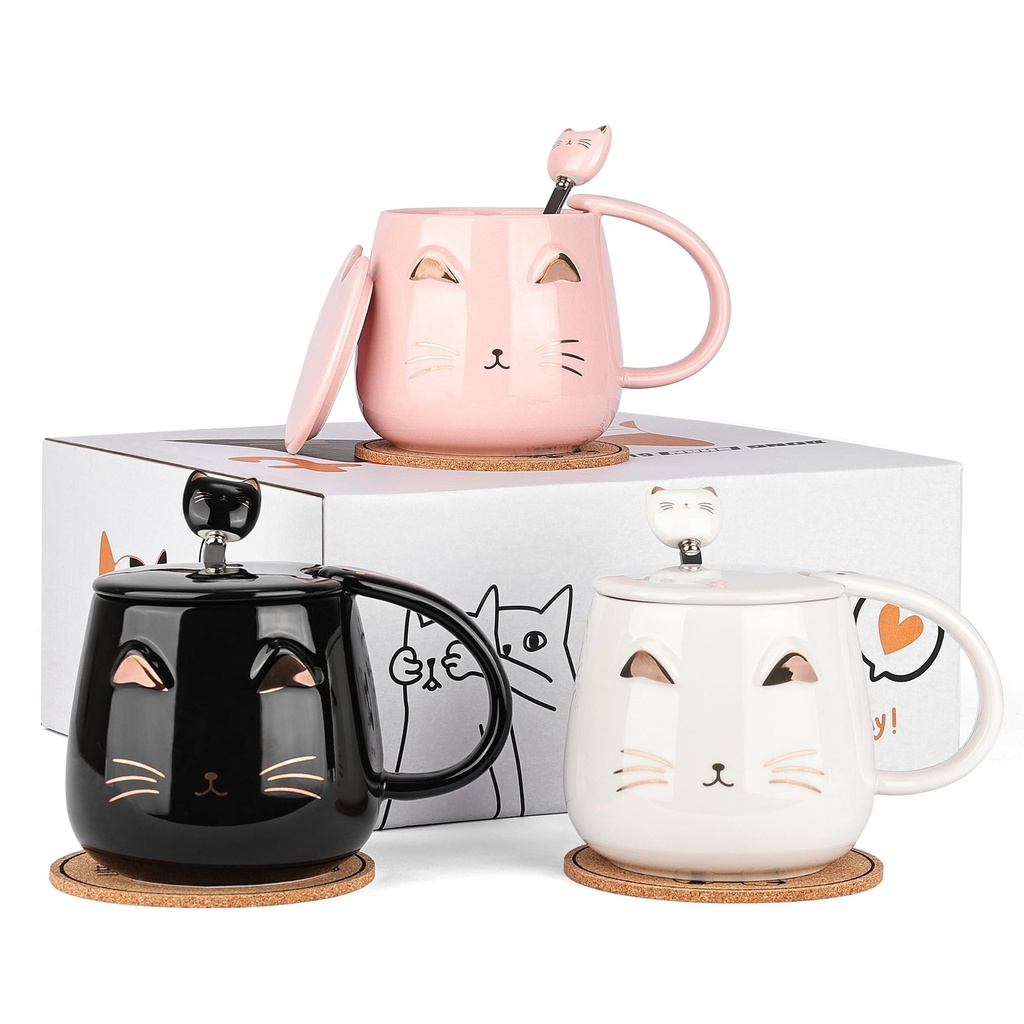 DONGSHANGIFT 2 Pack Cute Cat Mugs Cat Coffee Mug Set with lid and Lovely Kitty Spoon Novelt