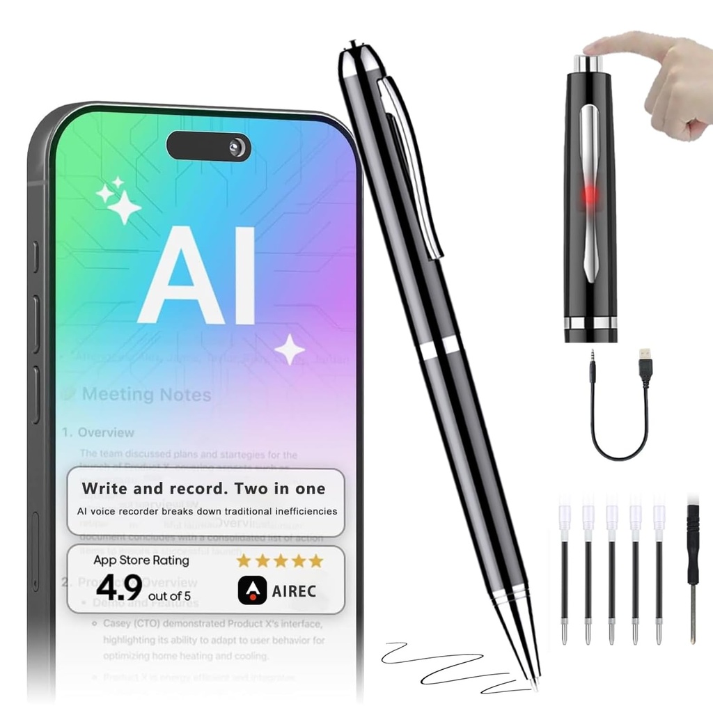 AI Voice Recorder Pen, One-Touch Recording, 360?? Mic, Real-Time Transcription & Translatio