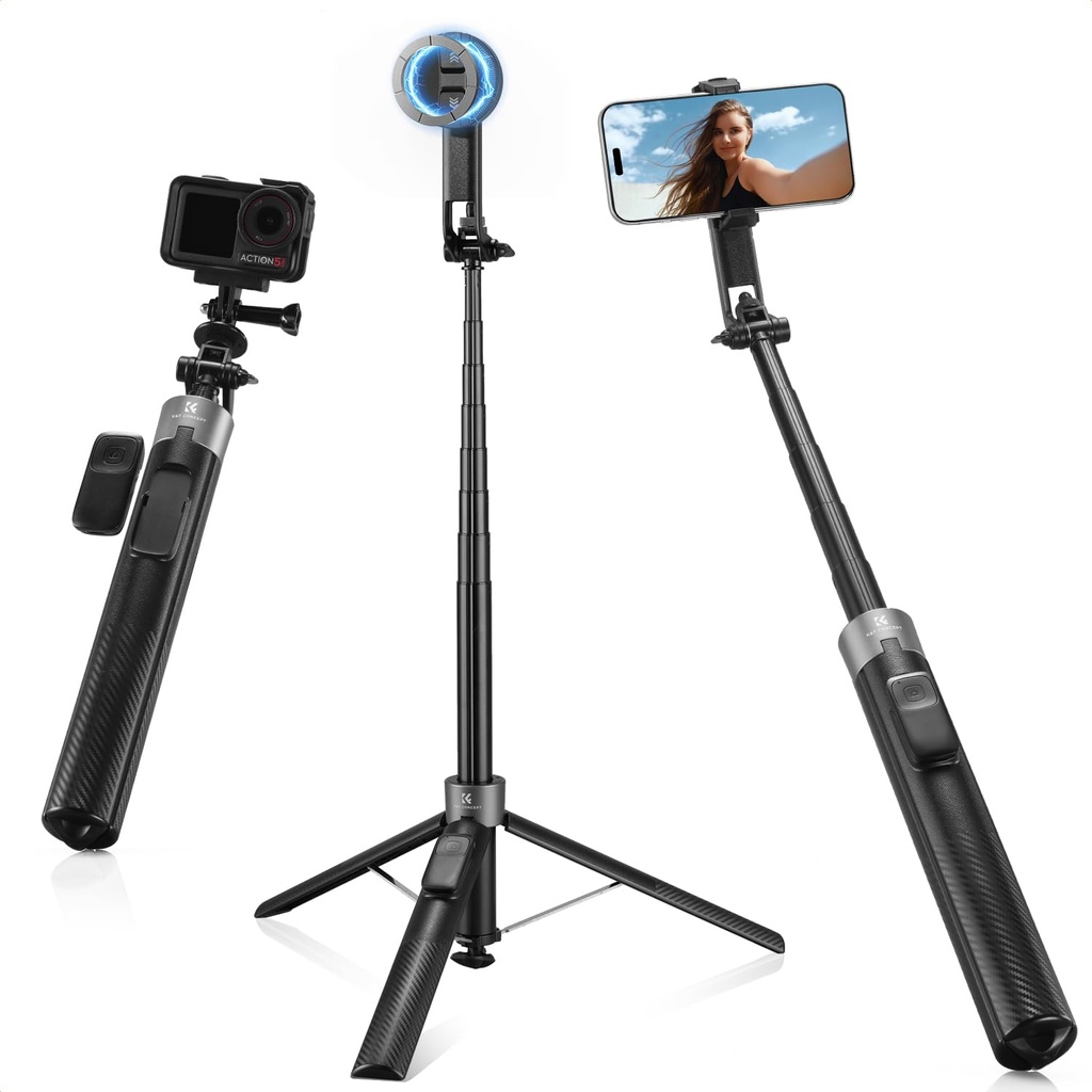 K&F CONCEPT 180 cm Selfie Stick Tripod for iPhone, 3-in-1 Clip, Magnetic & 1/4" Screw Phone