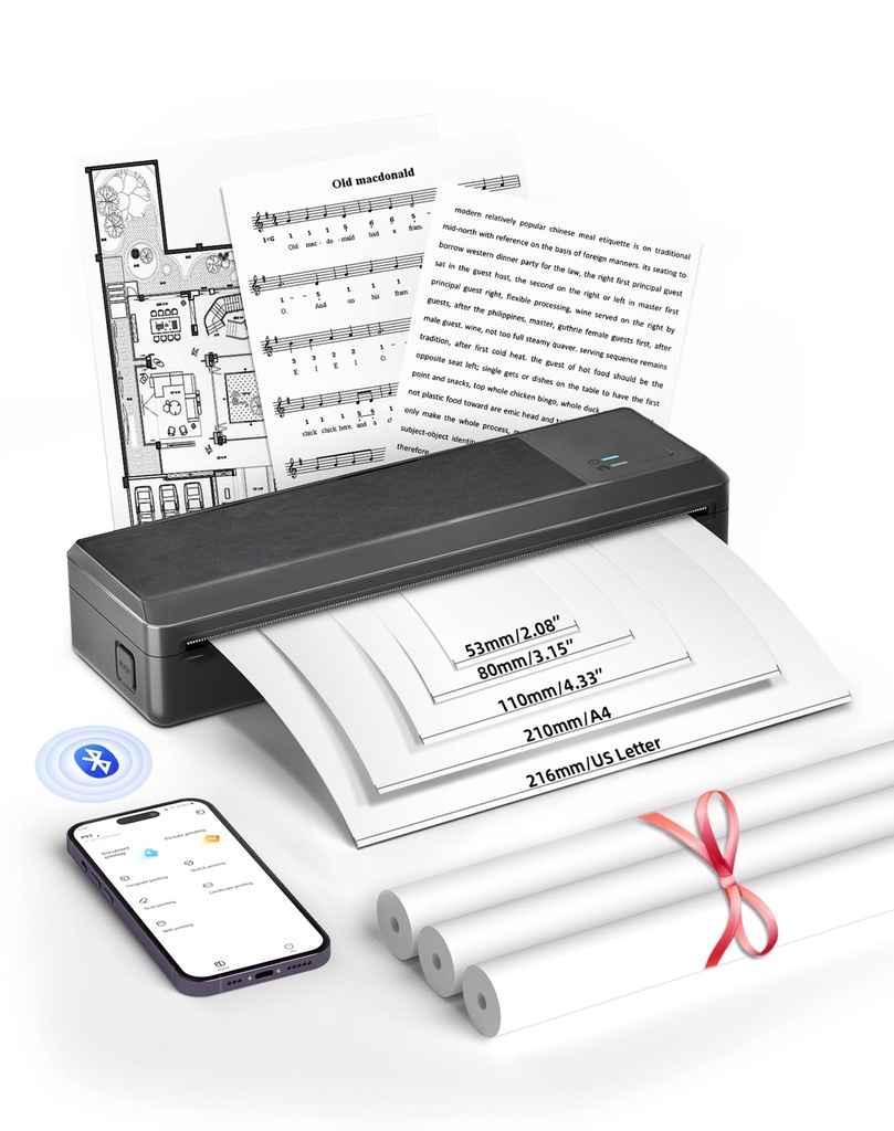 BO4NSHIP A4 Portable Thermal Printer P83 Thermal Printer a4 with 3 Rolls, Wireless 