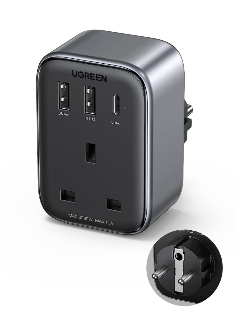 UGREEN UK to European Plug Adapter PD 30W Travel Adapter with USB C GaN Fast 4-in-1 Travel
