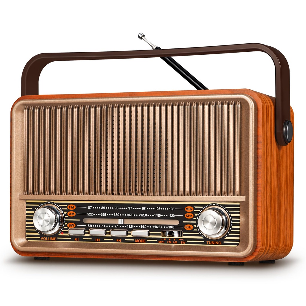 PRUNUS J-120 Retro Radio, AM/SW/FM Small Portable Radio, 1800mAh Rechargeable Radio Portabl