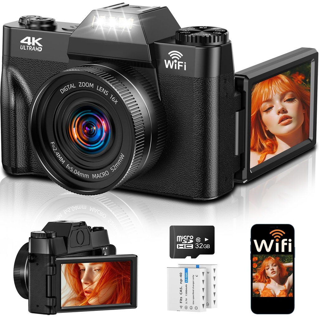 4K 75MP Digital Camera with WiFi, 3" 180Ã‚Â° Flip Screen, 16X Digital Zoom Autofocus Vloggin