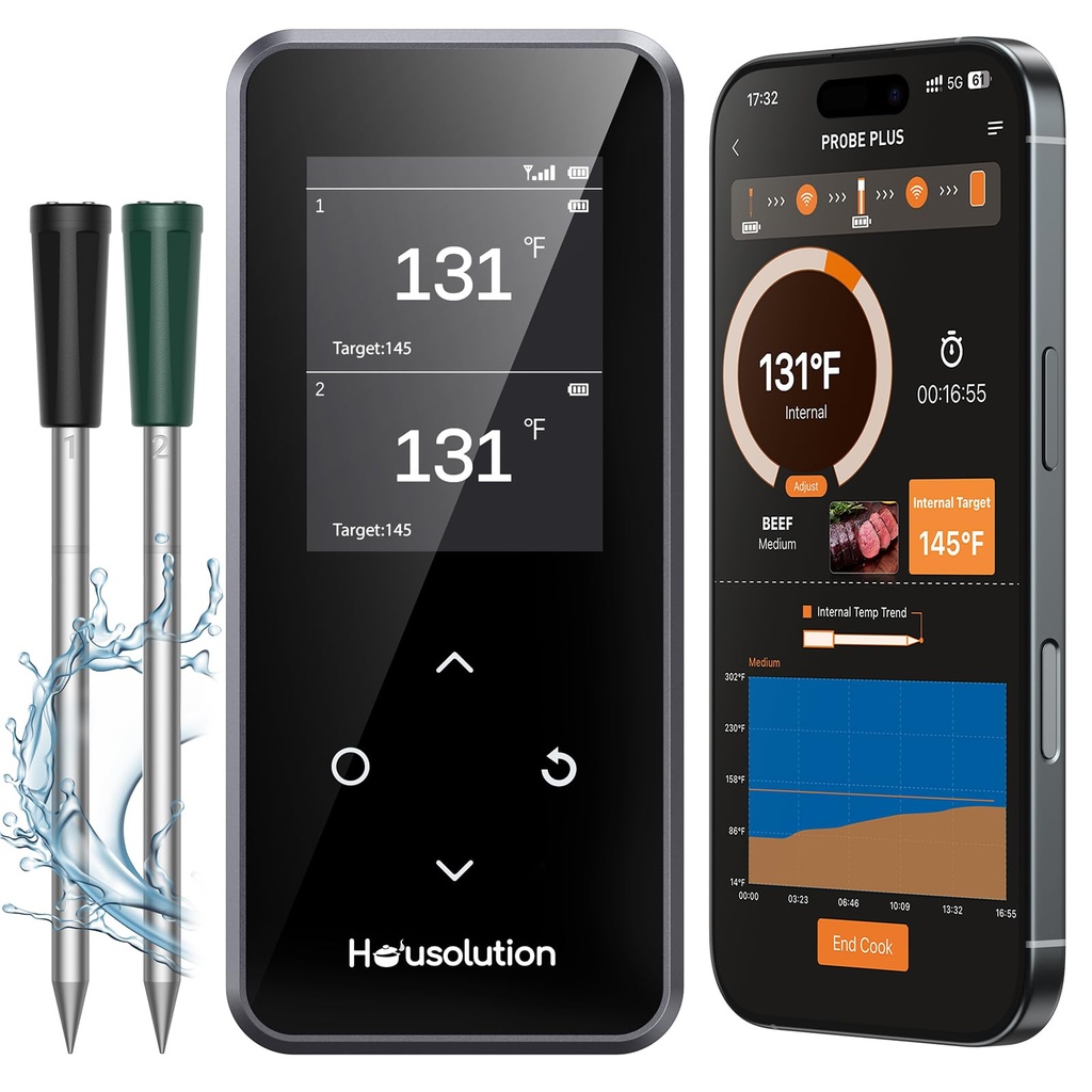 Housolution Wireless Bluetooth Meat Thermometer, Smart App & Standalone Base with Control, 2