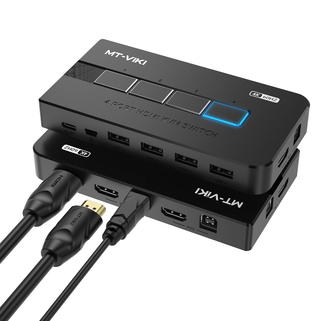 MT-VIKI KVM Switch HDMI 4 Port Boxes, 4K@30Hz USB HDMI KVM Console for 4 PCs Share 1 HD Mon