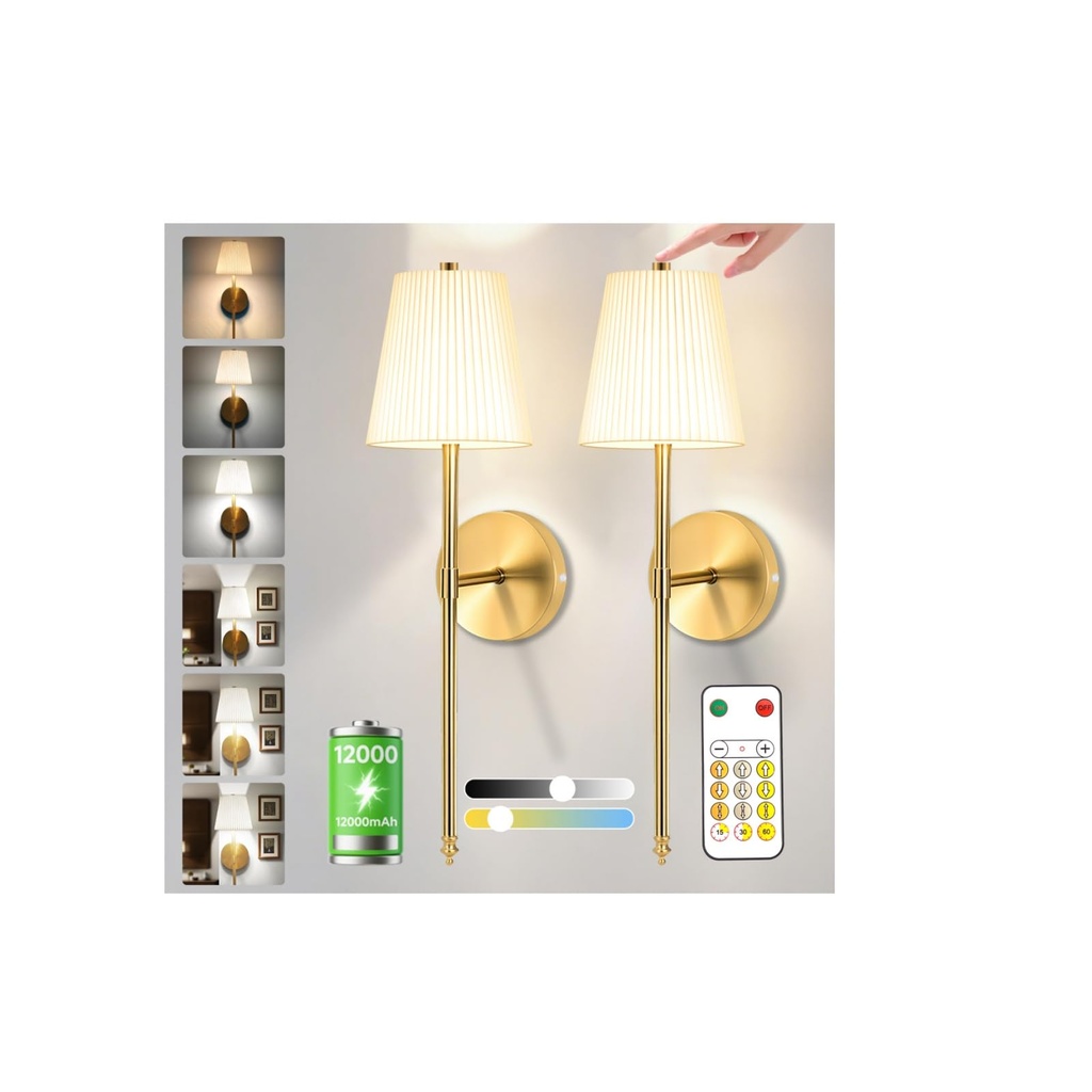 ZHENMING 12000mAh Battery Operated Wall Light Set of 2, Rechargeable Wall Sconce 3 Lighting