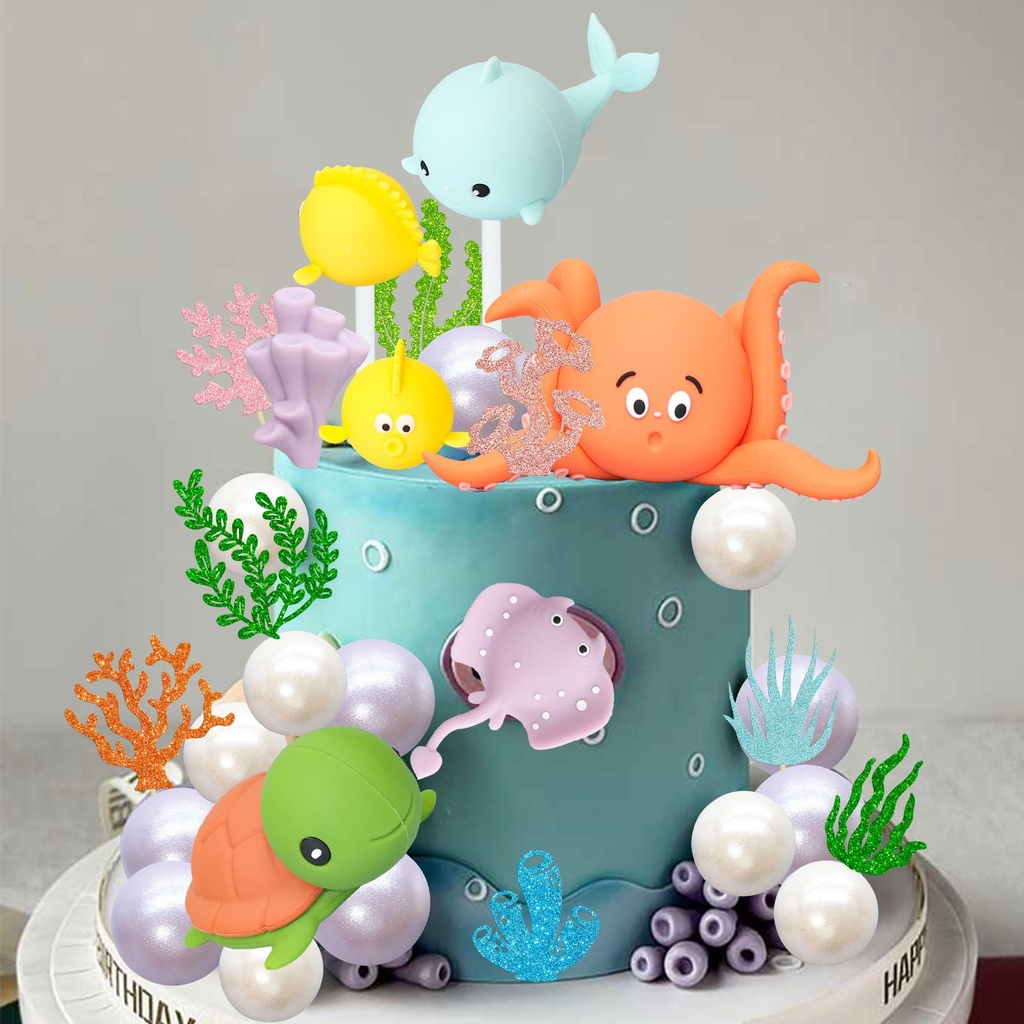 Gyufise 25Pcs Under The Sea Cake Decorations Ocean Animals Turtle Fish Cake Topper Pearl Ca
