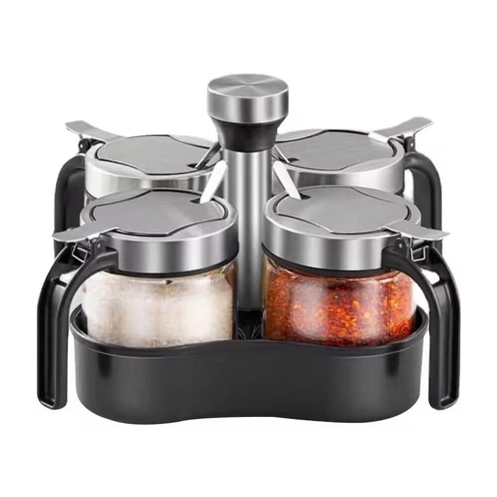 TINMIX Rotating Spice Pots Sugar Bowl Salt and Pepper Containers with Lid and Spoon, Set of
