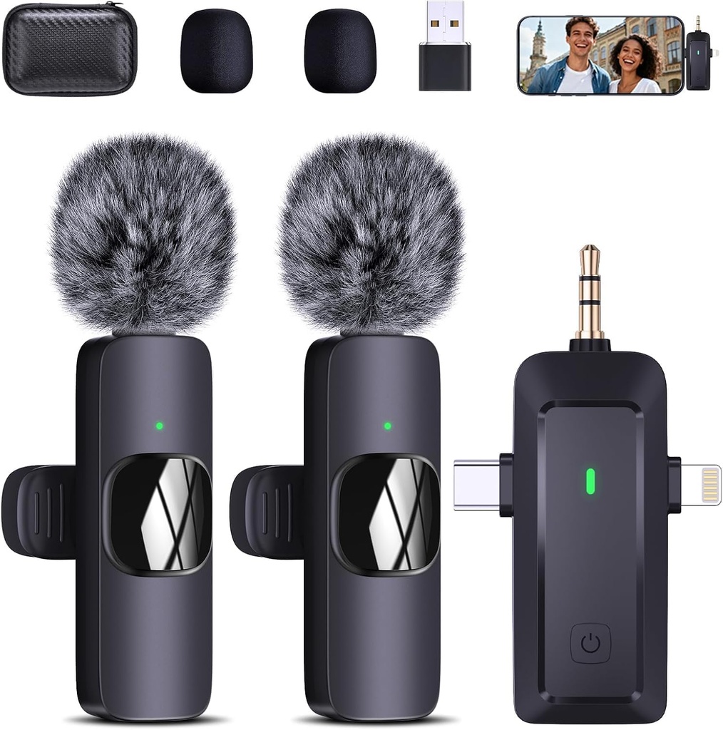 Wireless Lavalier Microphone for iPhone/Android/Camera/Computer - 4 in 1 Clip-on Microphone