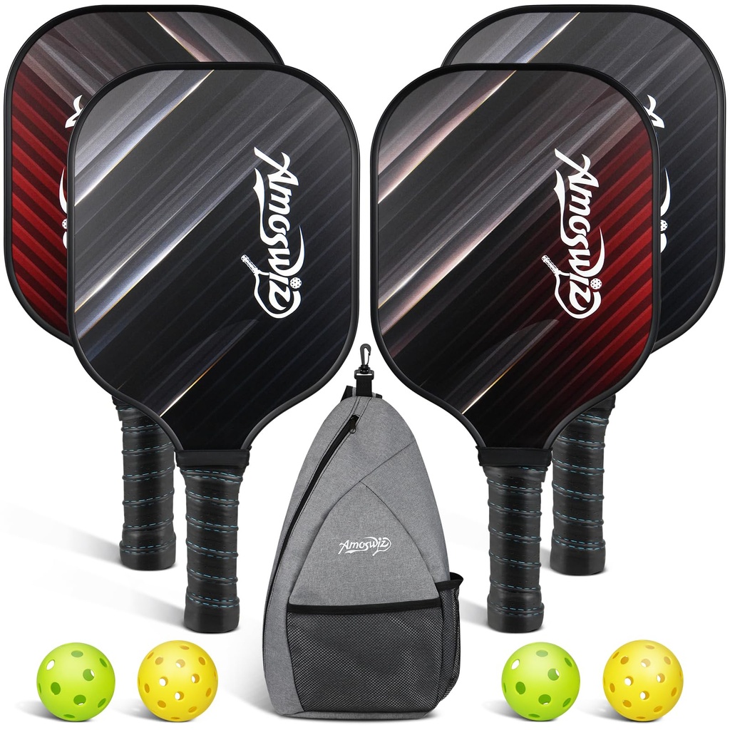 Amoswiz Pickleball Paddles Set of 2, Premium Fiberglass Black Pickleball Racket, Pickleball