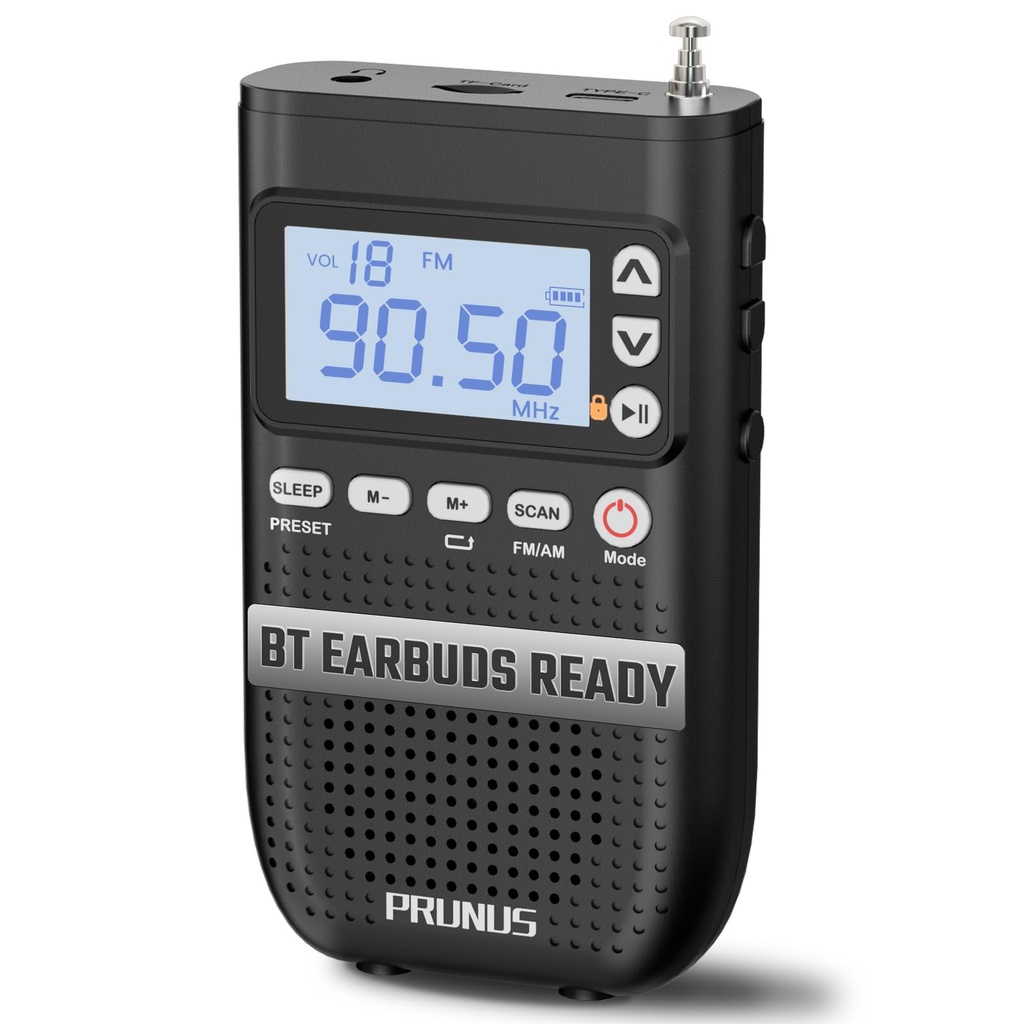 PRUNUS J-618 Portable Radio AM FM, Support Bluetooth Headphones Connection, Small Digital R